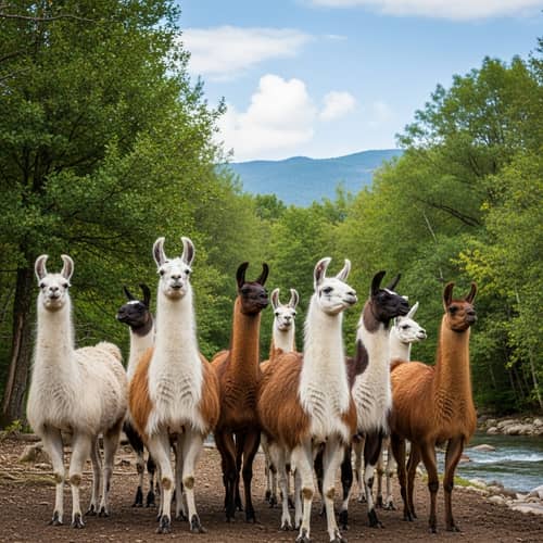 Llamas in Woodland Environment: Colorful Herd with Mountain Backdrop