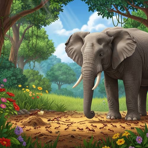 Ants and Elephant Interaction in a Lush Jungle Setting