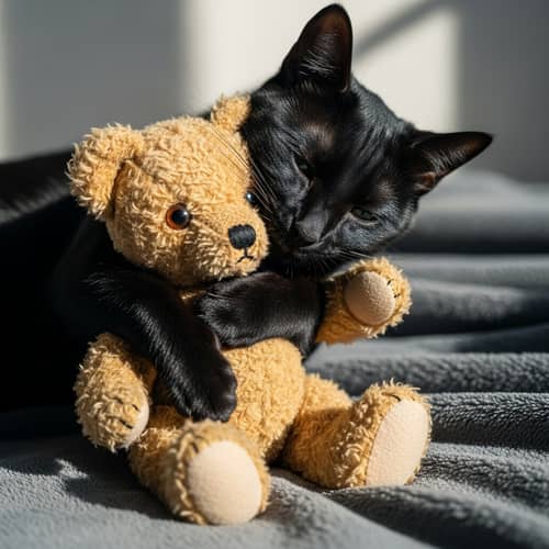Black Cat Embracing Teddy Bear - Cute and Heartwarming