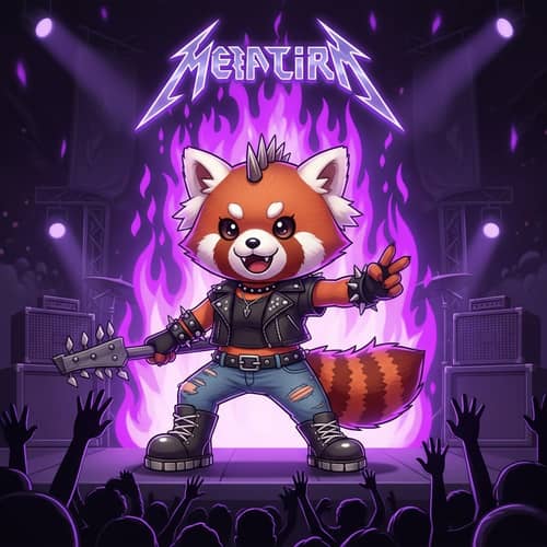 Aggretsuko Rocking Heavy Metal Concert with Purple Flames