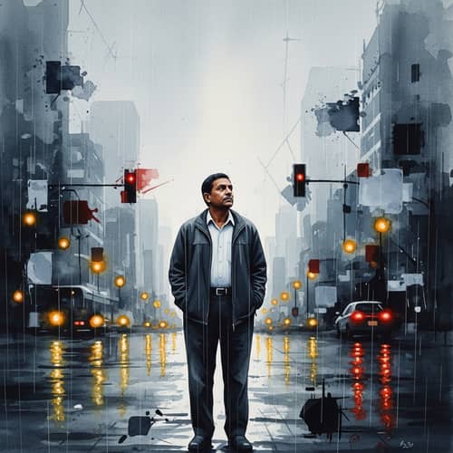 Surreal Watercolor Painting of South Asian Man in Cityscape