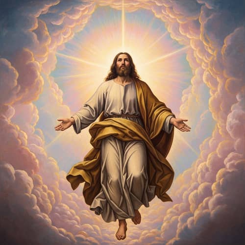 Divine Ascension Oil Painting | Serene Religious Icon in Radiant Sky