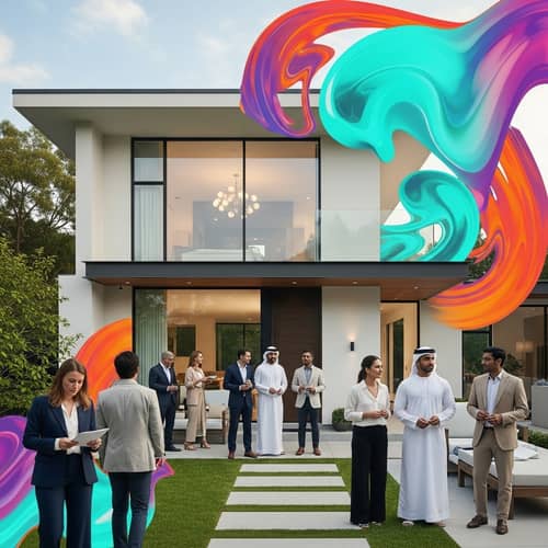 Diverse Individuals Explore Modern House with Abstract Twist