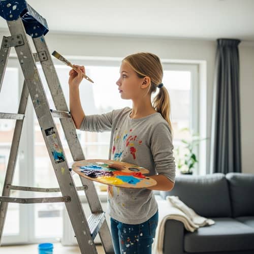 Blond Girl Painting Living Room | Transformative Artwork in Progress