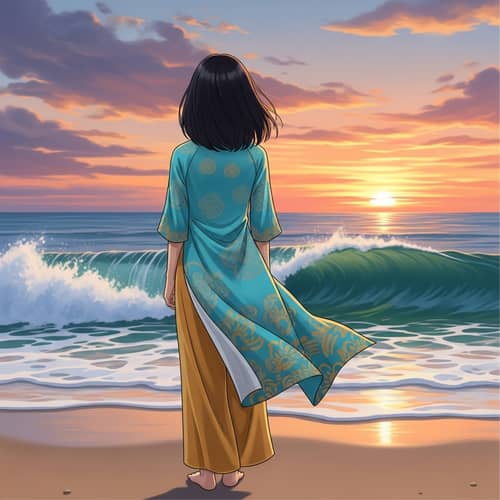 Young Vietnamese Girl on Beach at Sunset in Turquoise Ao Dai Dress