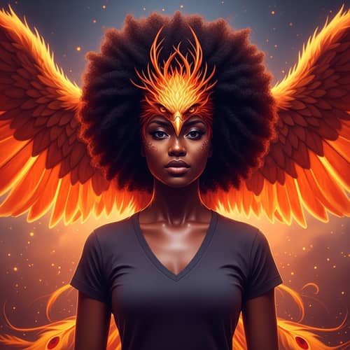 Mythical Phoenix Rising with Beautiful Black Woman and Afro