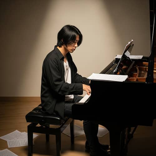 Black-Haired Musician Playing Piano | Cool East Asian Demeanor