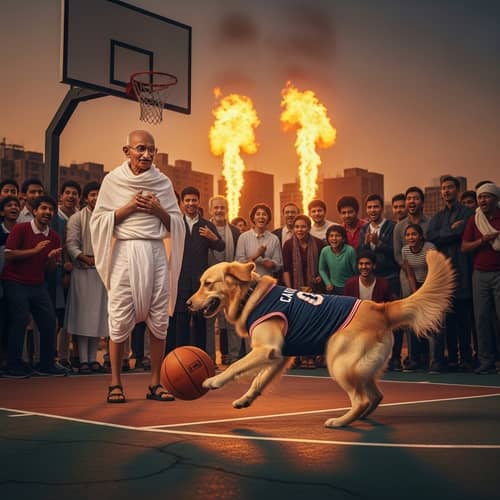 Enthusiastic Dog Spins Basketball - Unique Game Scene