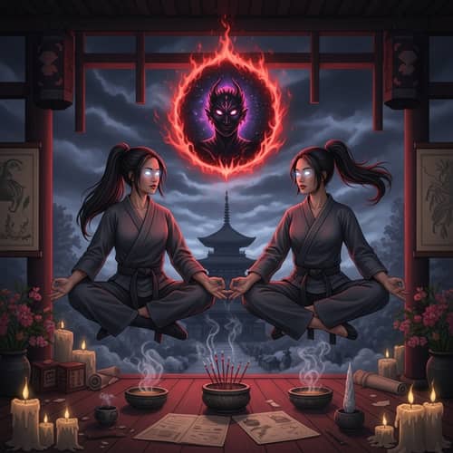 Levitating American Korean Women in Martial Arts Meditation