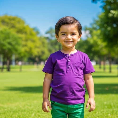 Charming South Asian Boy in Purple Shirt and Green Pants