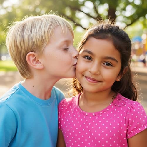 Cute Blonde Boy Kissing Brunette Hispanic Girl