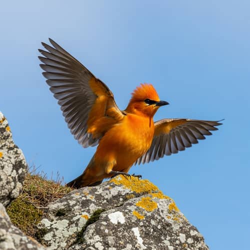 Vibrant Rock Bird: Exquisite Plumage on Rocky Cliff