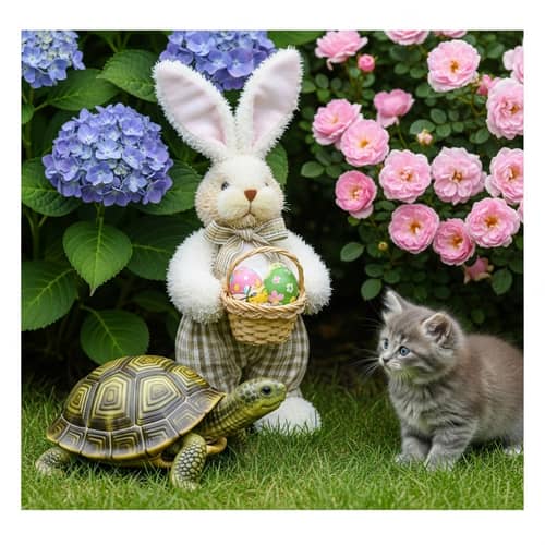 Easter Bunny, Green Turtle & Kitten - A Peaceful Scene of Joy