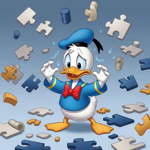 Cartoonish Duck Character Puzzled Among Disconnected Pieces