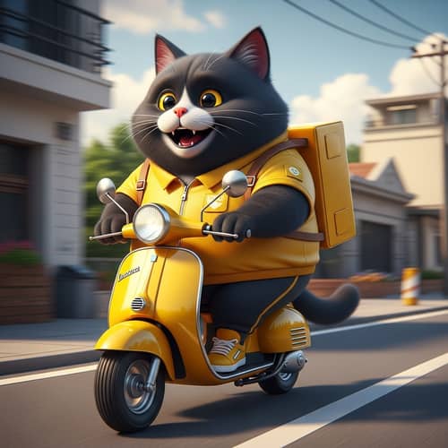 Cartoon Black Cat Riding Yellow Moped - High Detail Art