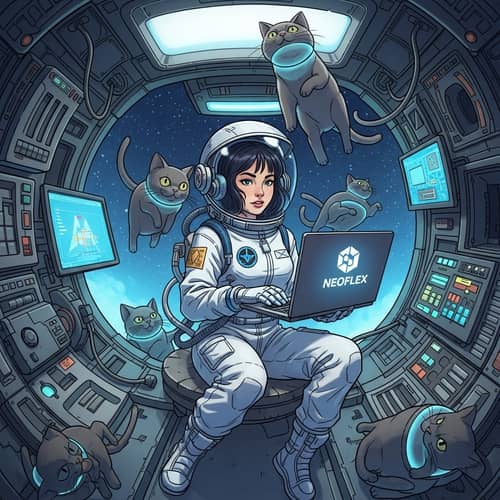 Futuristic Slavic Girl in Space with Cats | NEOFLEX Comic Adventure