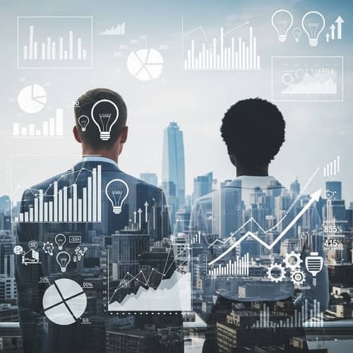Double Exposure Image: Business Attire Couple & Cityscape