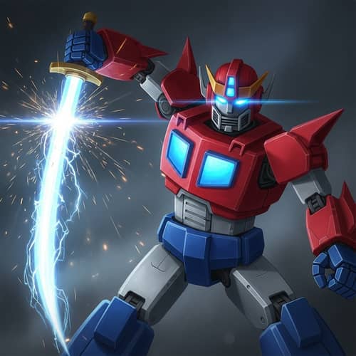 Retro-Style Red and Blue Robot Slashing Sword - 80s Toy Design