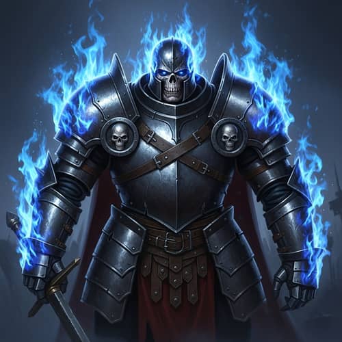 Undead General in Iron Armor Engulfed in Blue Flames