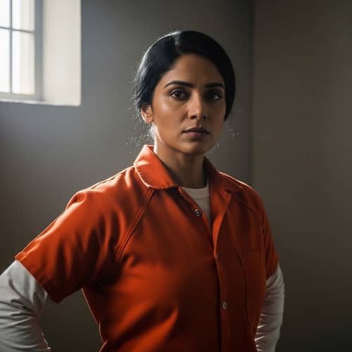 Striking South Asian Woman in Orange Prison Uniform