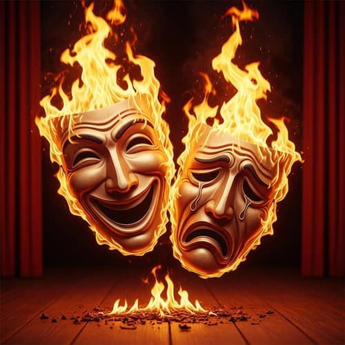Theatre Masks: Comedy and Tragedy Embraced by Fiery Passion