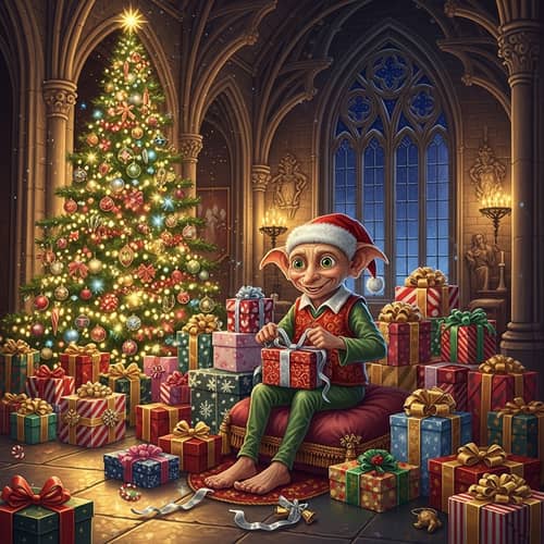 Joyful House Elf Prepares Christmas Gifts in Festive Setting