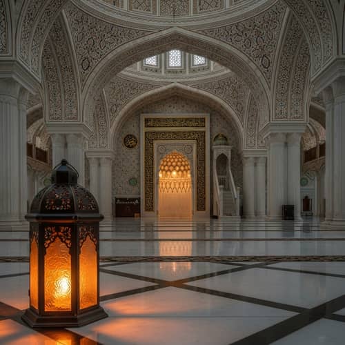 Ramadan Mosque Interior: Glowing Lantern & Biryani