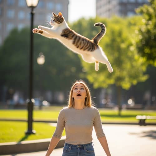 Graceful Calico Cat Leaping Above Woman in City Park