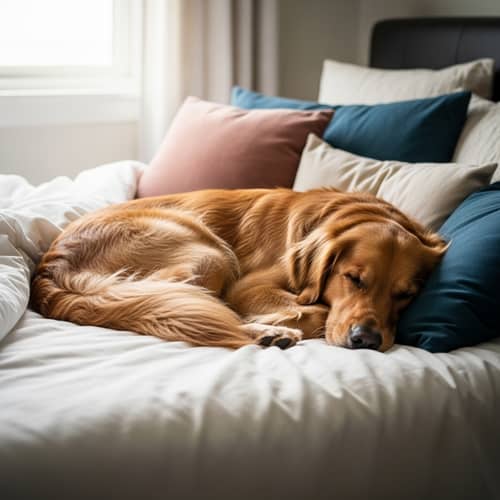 Peaceful Golden Retriever Dog Sleeping on Bed in Cozy Room