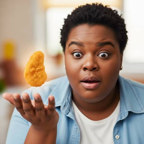 Surprised Overweight African American with Hovering Chicken Nugget