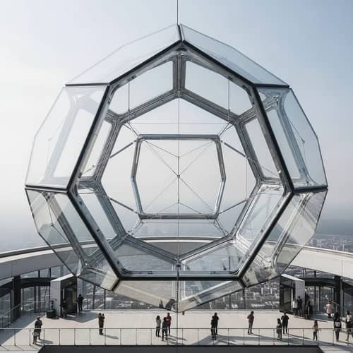 Gigantic Suspended Clear Glass Icosahedron Art Installation