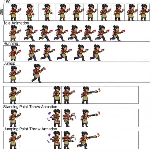 Pixel Art Game Female Artist Sprite Sheet with Paintbrush Weapon