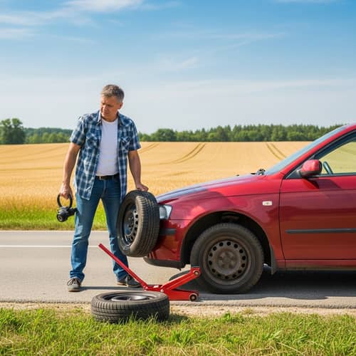 Unfortunate Situation: Vehicle with Flat Tire on Countryside Road