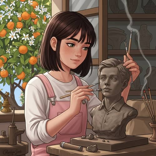 Andalusian Craft Workshop: Girl Sculpting Clay Bust in Artisan Setting