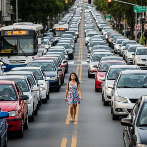 Young Hispanic Female Navigating Busy City Streets with Confidence