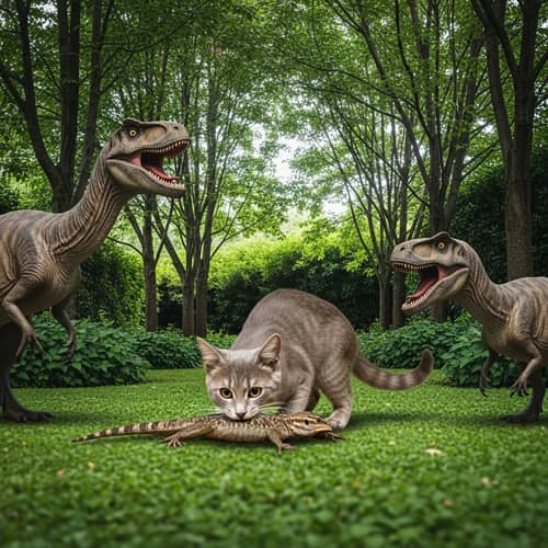 Gray Cat Eating Lizard in Green Garden with Dinosaurs