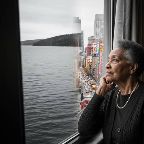 Contemplative African American Elderly Woman by Serene Lakeside and Vibrant Cityscape