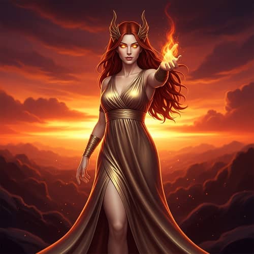Captivating Goddess with Fiery Red Hair | Majestic Sunset Scene