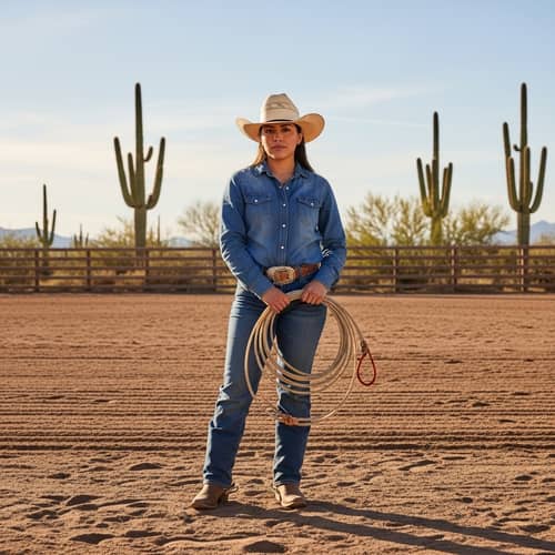 Confident Hispanic Cowgirl in Dusty Rodeo Arena