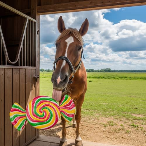 Tranquil Horse in Rustic Stable with Colorful Candy