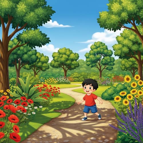 Tranquil Park Scene with Boy Playing - Nature and Joy