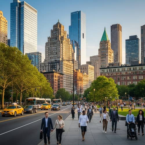 Bustling Cityscape: Modern Skyscrapers & Diverse Streets
