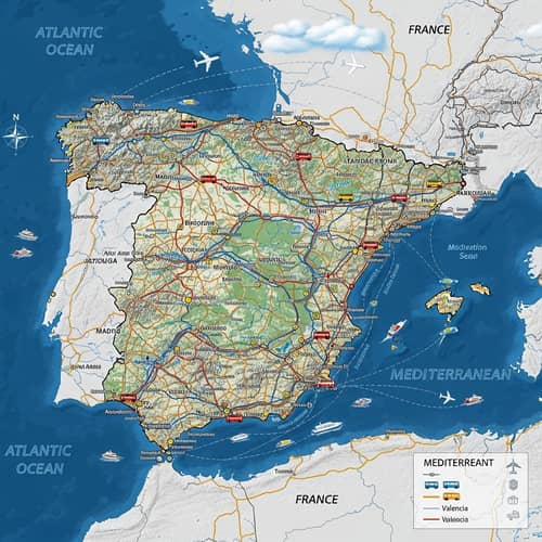 Detailed Map of Spain with Roads, Trains, Buses, Airplanes, and Boats