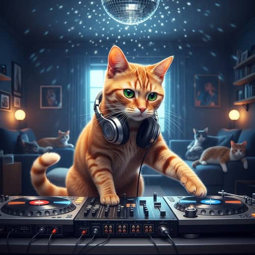 Whimsical Cat DJ Mixing Hip Hop Beats with Intense Focus