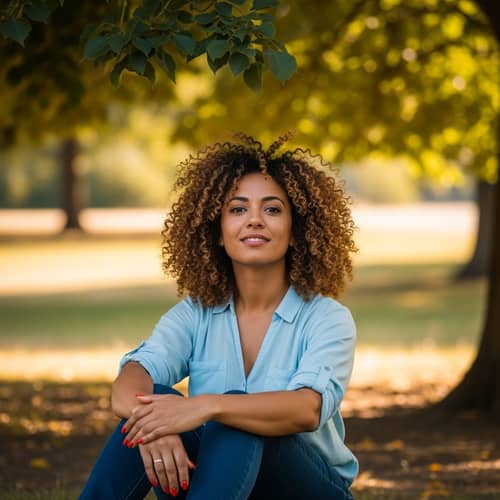 Tranquil Woman with Curly Hair and Red Nails in Park