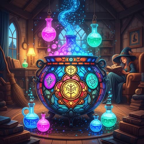 Stained Glass Witch's Cauldron in Enchanted Cottage