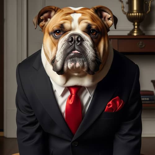 Elegant Bulldog in Black Suit with Red Tie