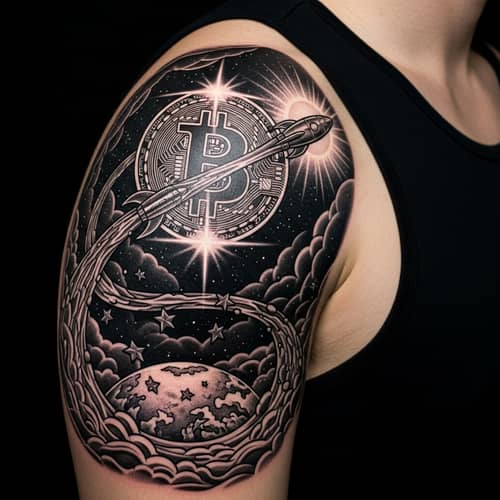 Intricate Deltoid Tattoo Design: Bitcoin to the Moon