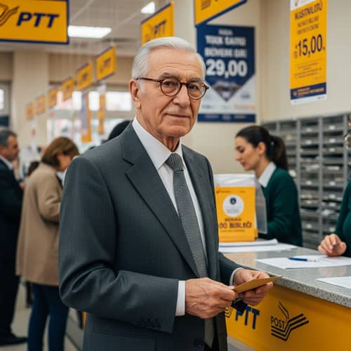 Elderly Man in Post Office - Calm and Determined | Website Name