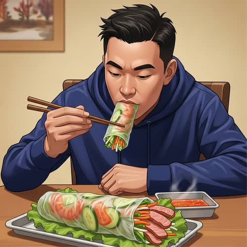 Tomy Enjoying Large Vietnamese Spring Roll: A Delicious Scene